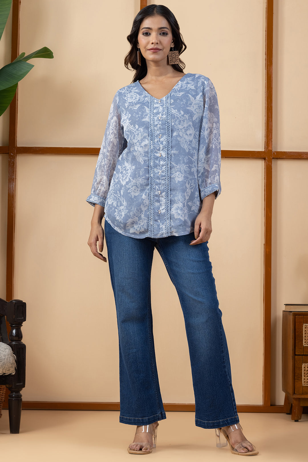 Grey &amp; White Printed Chiffon Top with Regular Fit