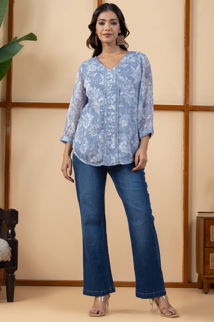 Grey &amp; White Printed Chiffon Top with Regular Fit