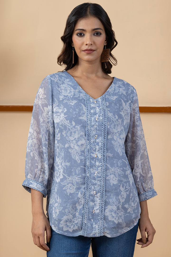Grey &amp; White Printed Chiffon Top with Regular Fit