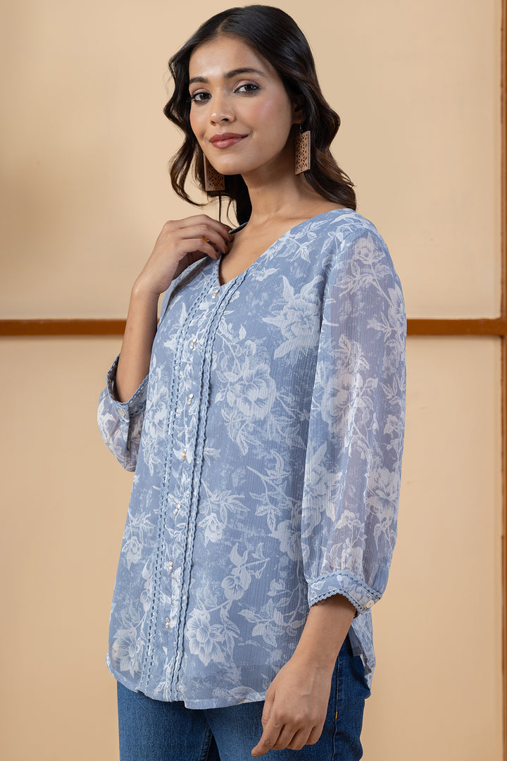 Grey &amp; White Printed Chiffon Top with Regular Fit
