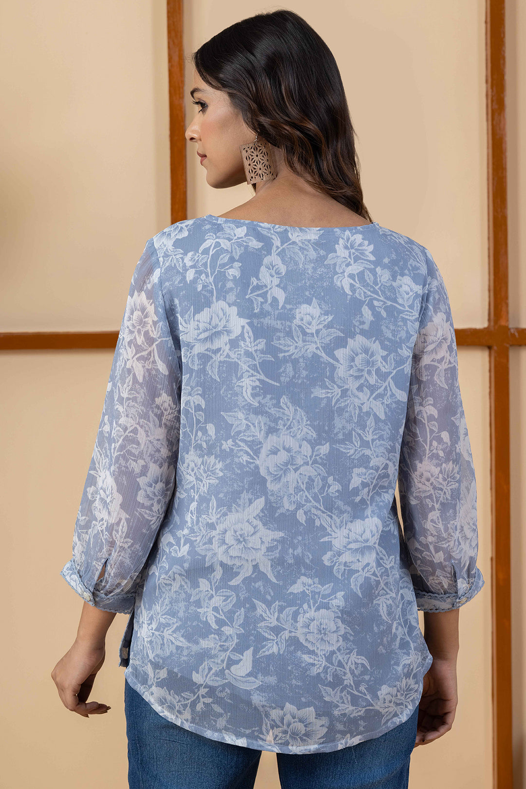 Grey &amp; White Printed Chiffon Top with Regular Fit
