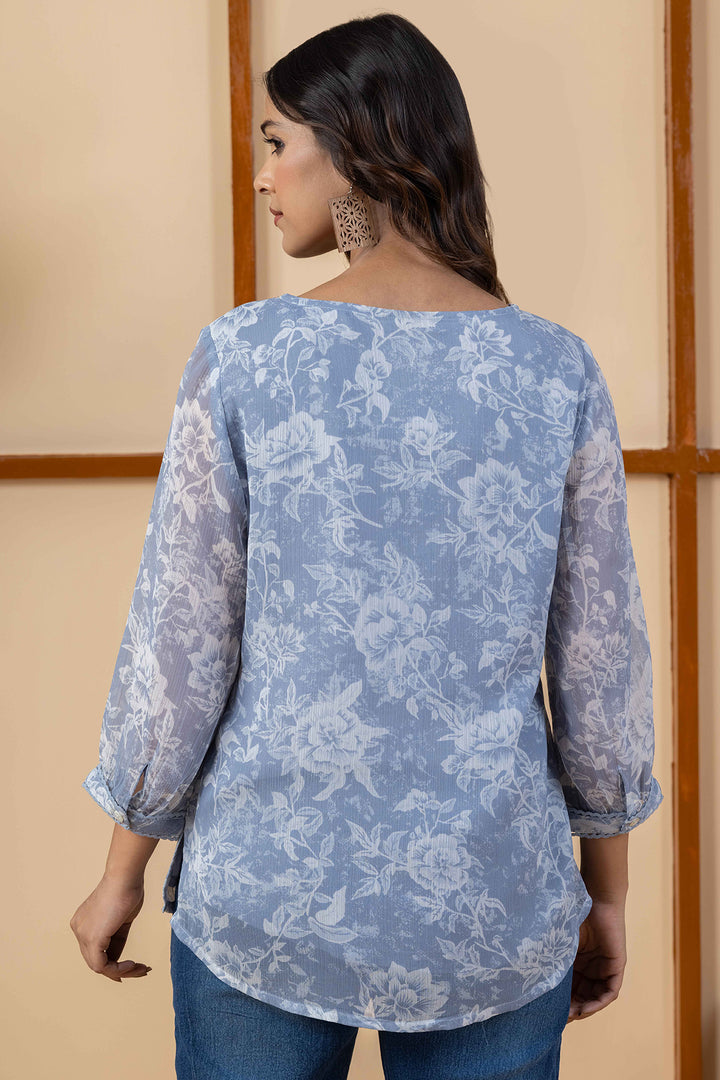 Grey &amp; White Printed Chiffon Top with Regular Fit