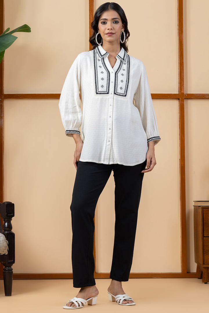 White Viscose Dobby Embroidered Shirt