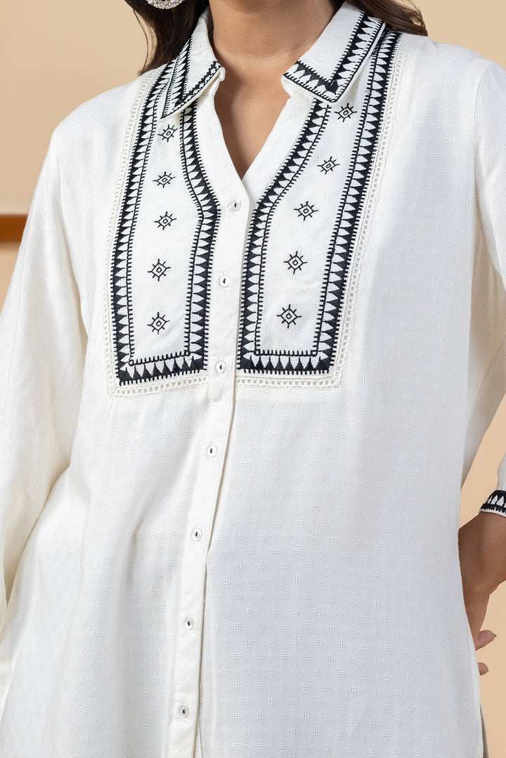 White Viscose Dobby Embroidered Shirt