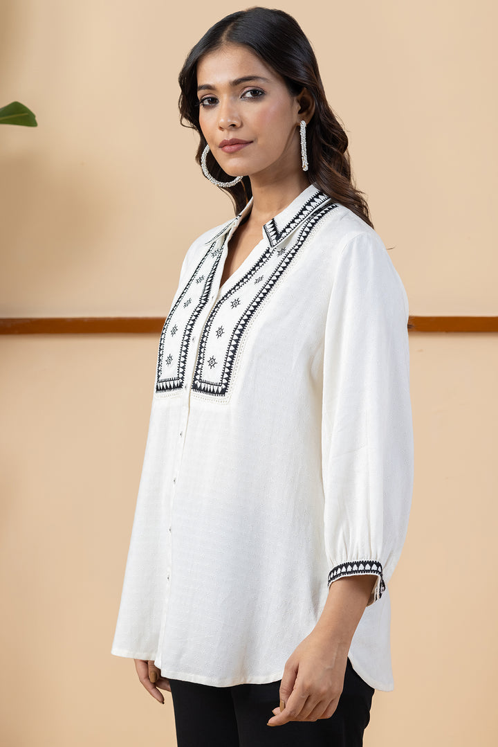 White Viscose Dobby Embroidered Shirt