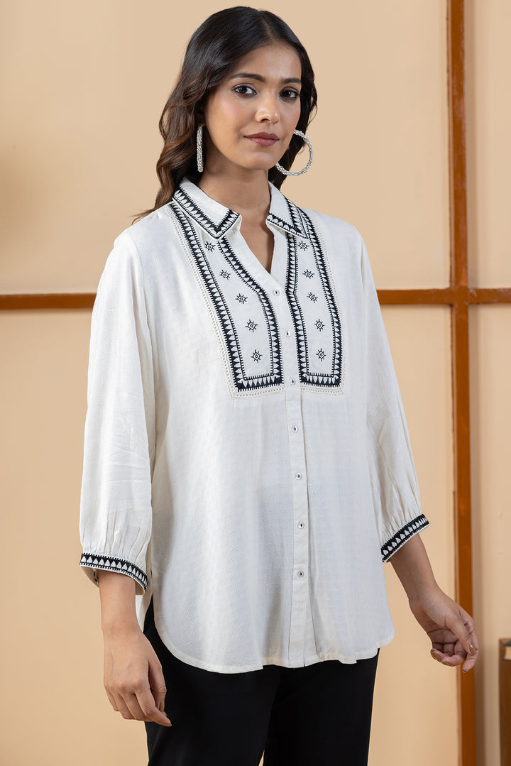 White Viscose Dobby Embroidered Shirt