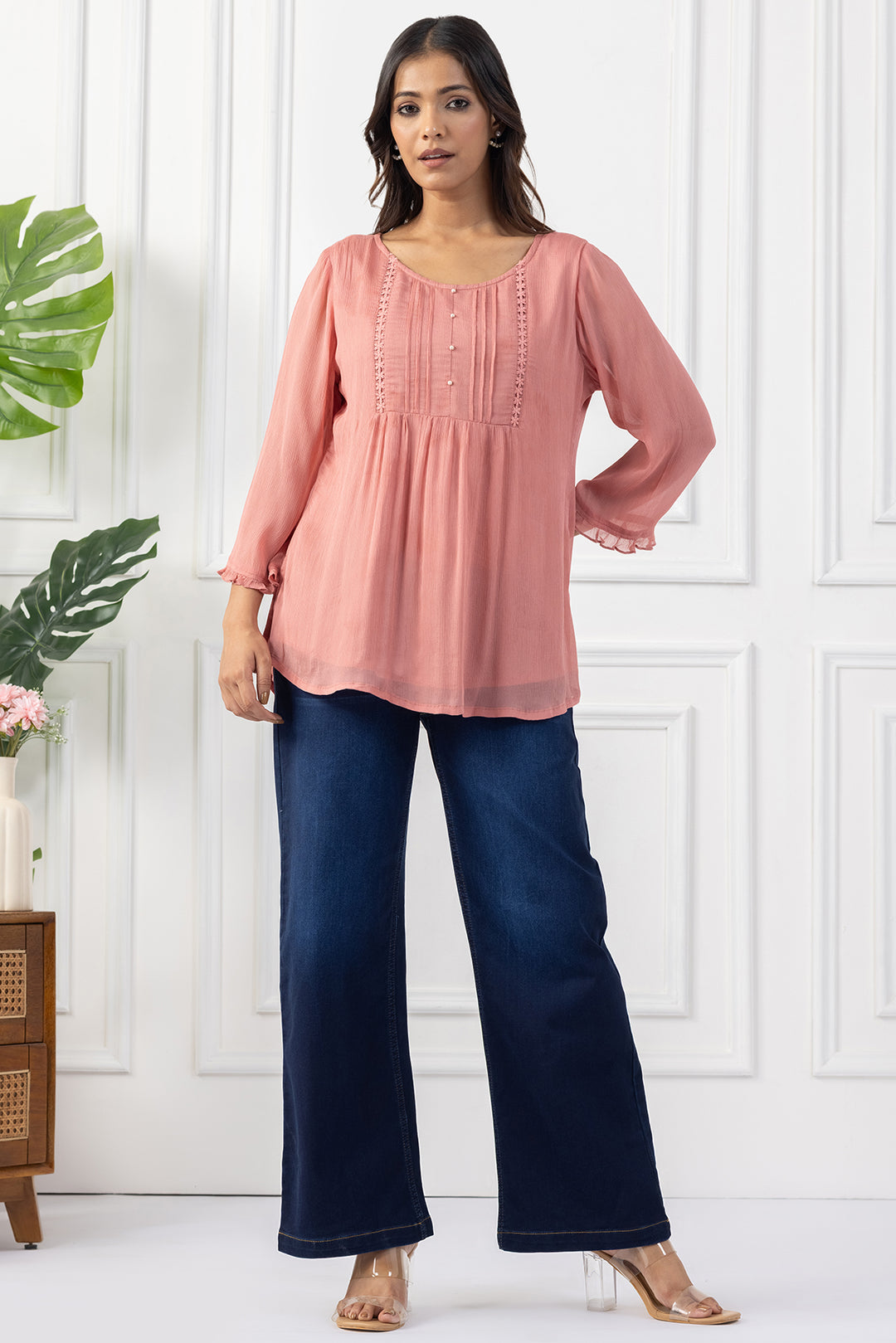 Peach Chiffon Pintuck Top