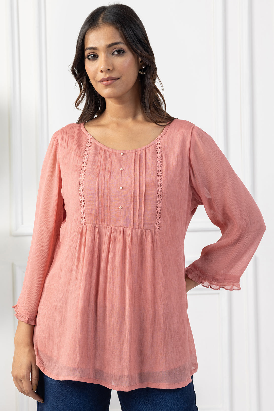 Peach Chiffon Pintuck Top