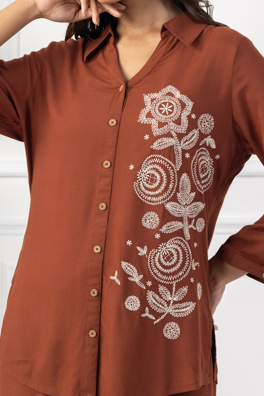 Brown Viscose Slub Embroidered Co Ord Set