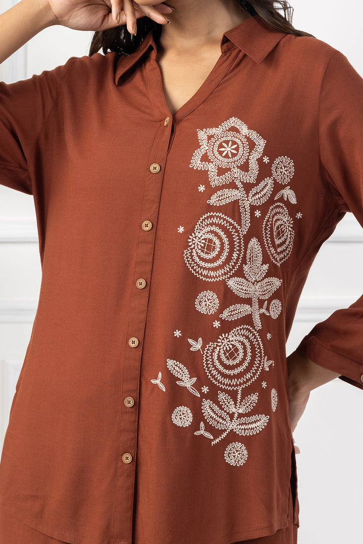 Brown Viscose Slub Embroidered Co Ord Set