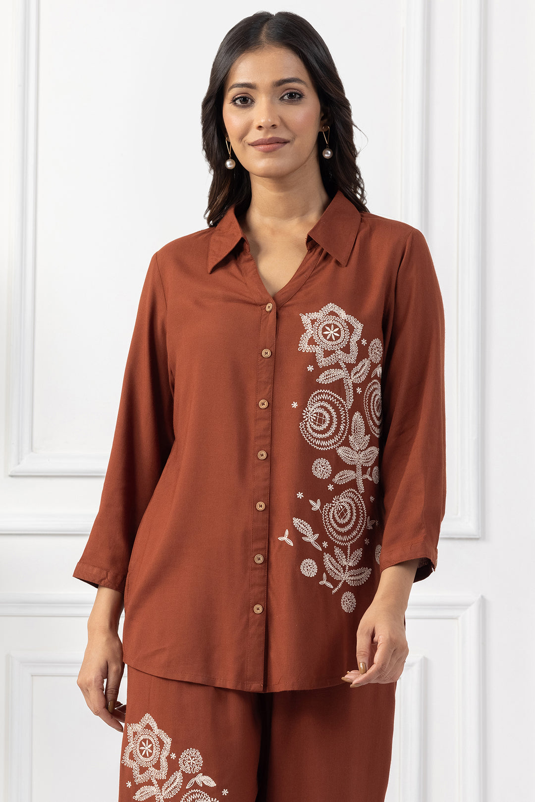 Brown Viscose Slub Embroidered Co Ord Set