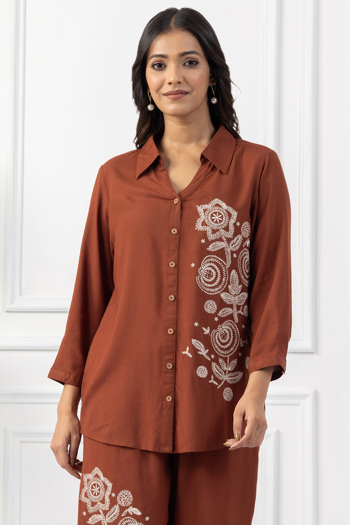 Brown Viscose Slub Embroidered Co Ord Set