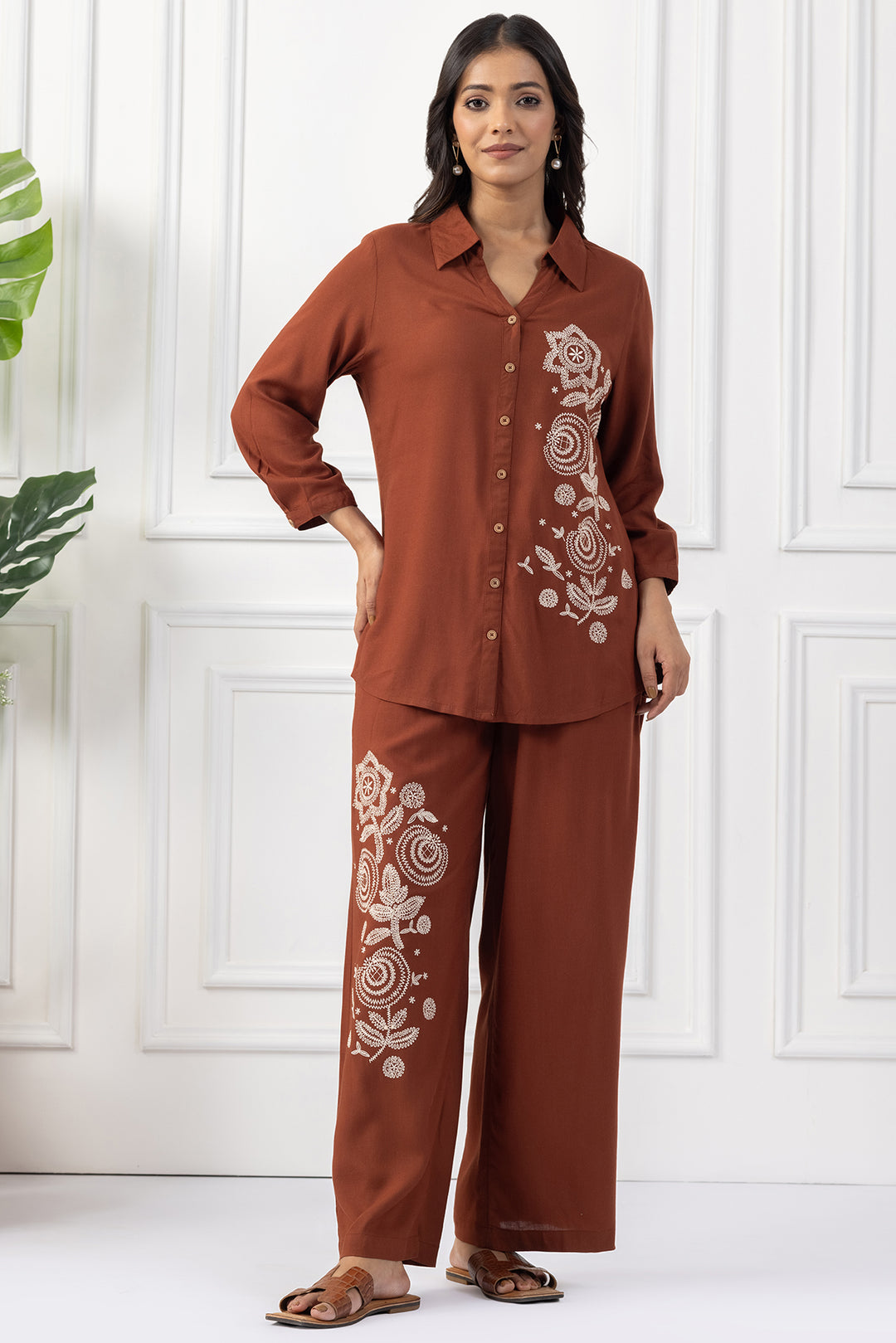 Brown Viscose Slub Embroidered Co Ord Set