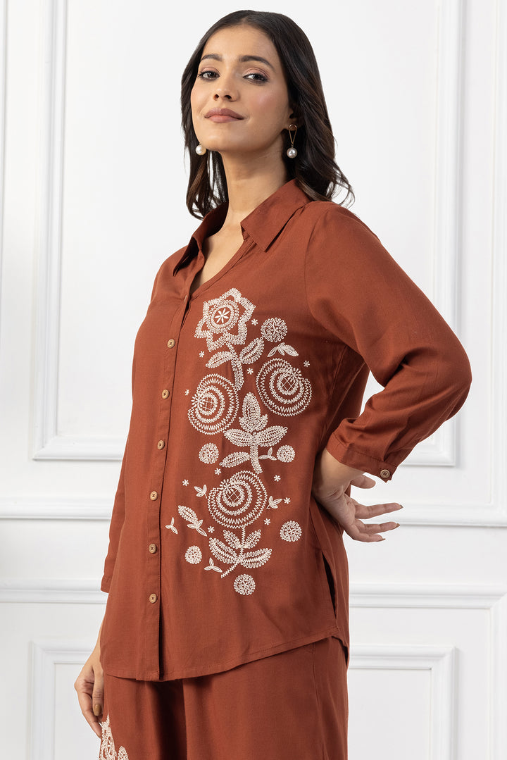 Brown Viscose Slub Embroidered Co Ord Set