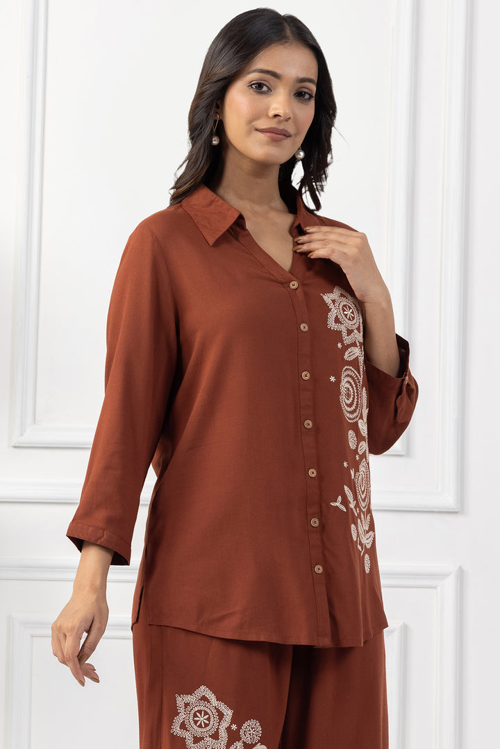 Brown Viscose Slub Embroidered Co Ord Set