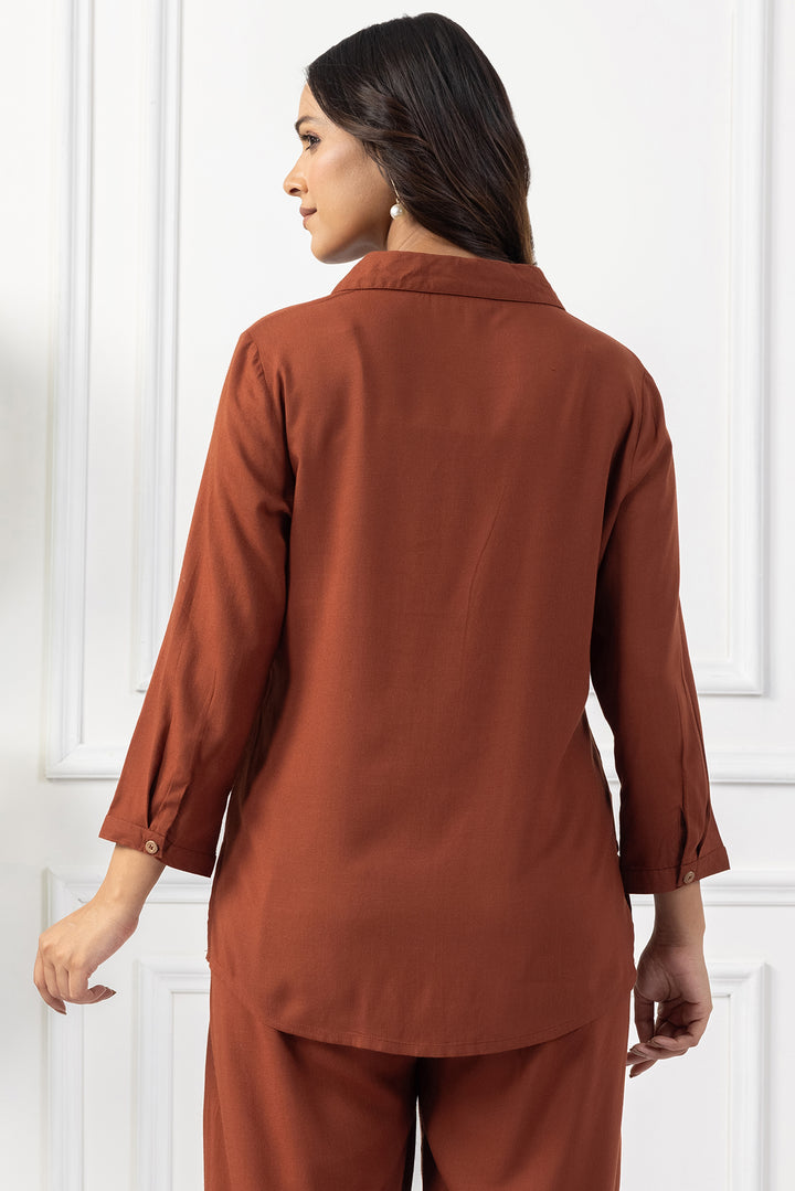Brown Viscose Slub Embroidered Co Ord Set
