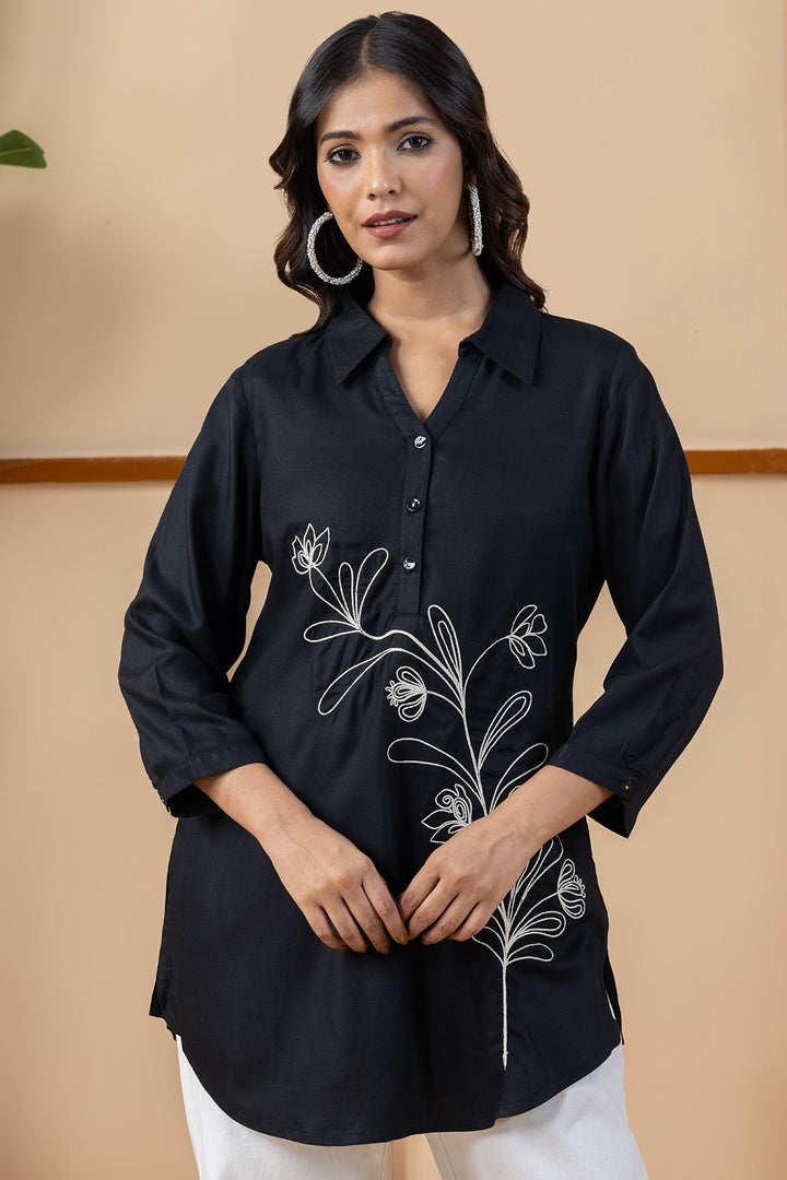 Black Embroidered Tencel Tunic