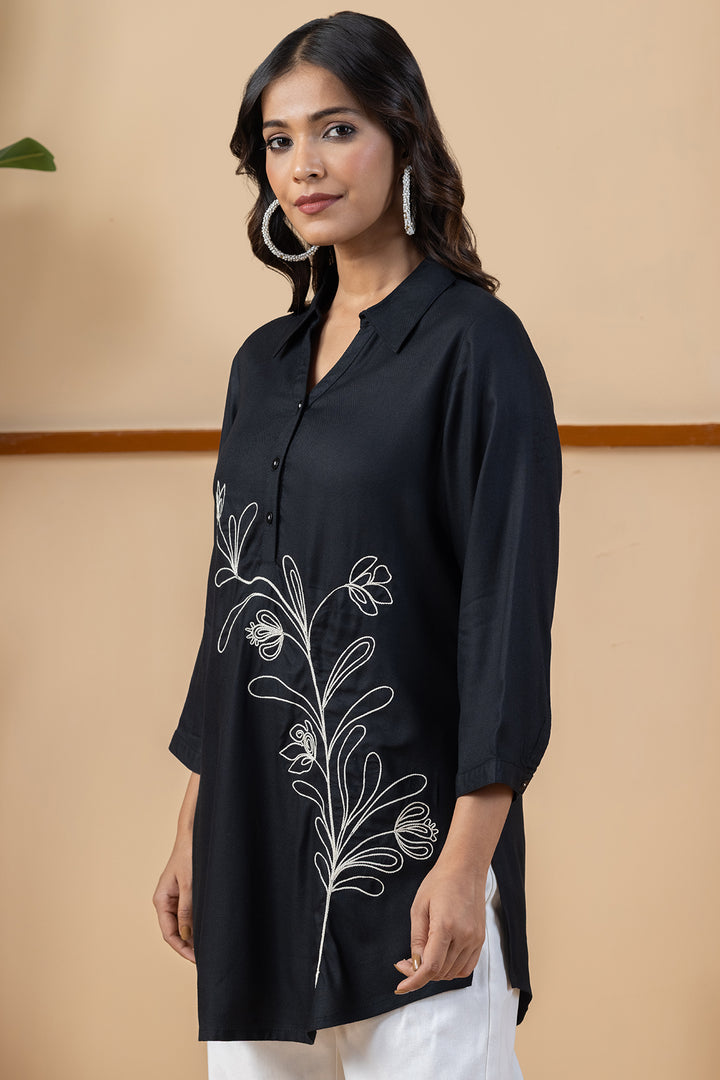 Black Embroidered Tencel Tunic