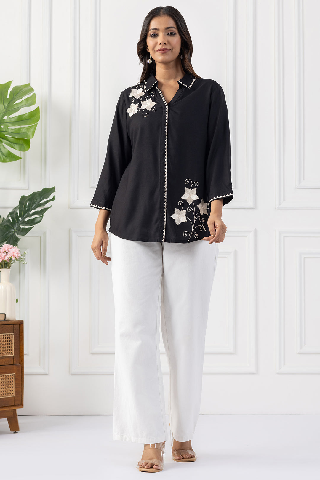 Black Viscose Embroidered Shirt