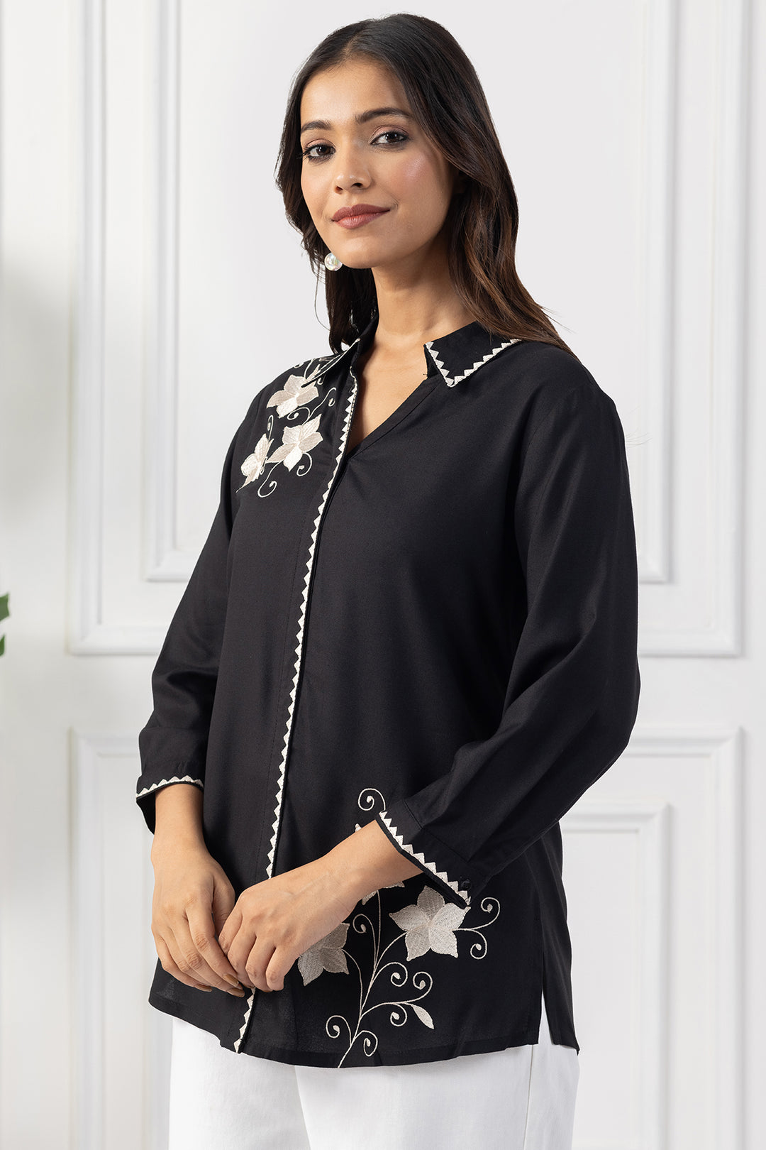 Black Viscose Embroidered Shirt