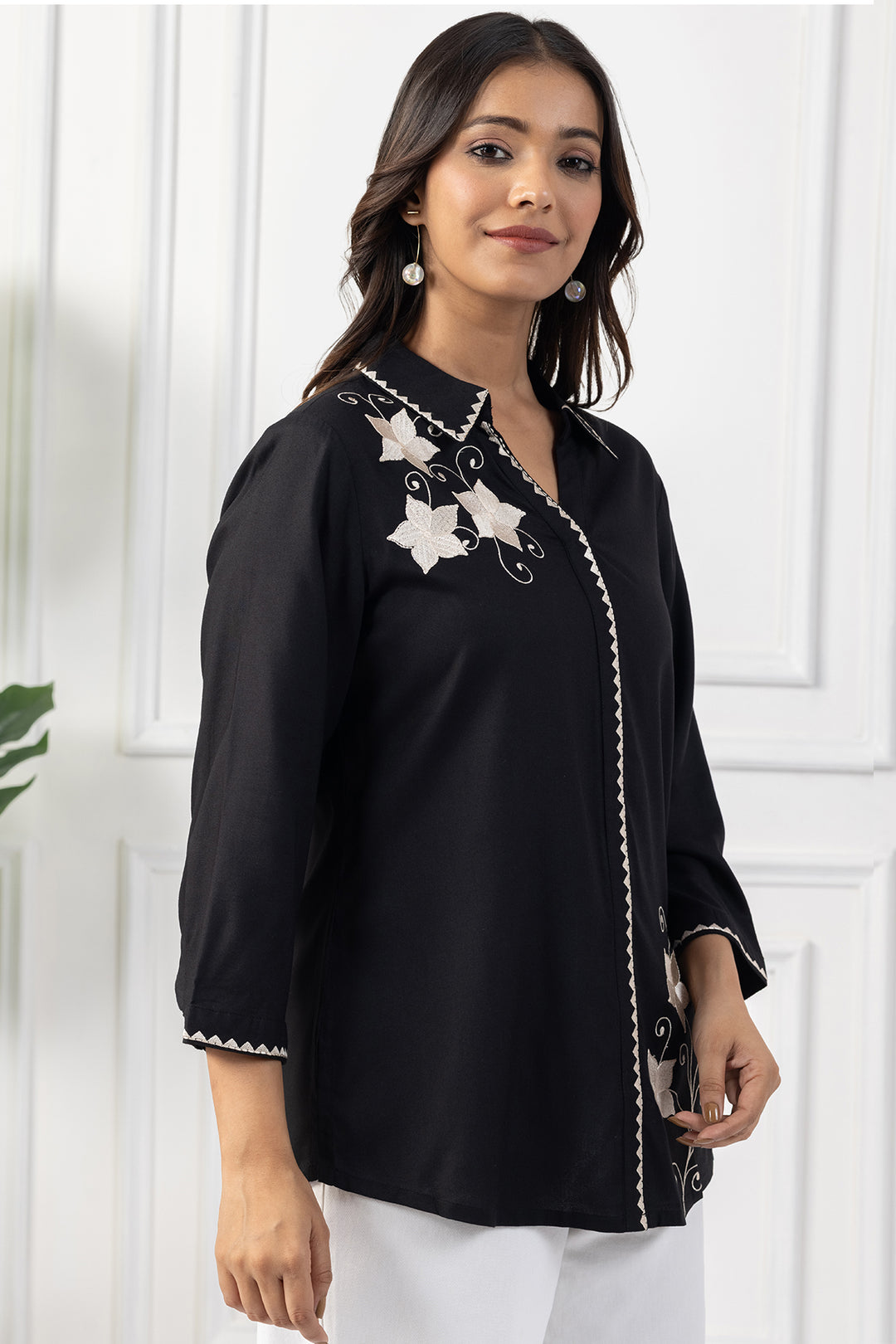 Black Viscose Embroidered Shirt