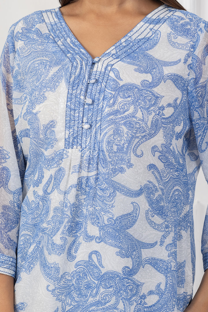 Blue Chiffon Printed Top with V Neck