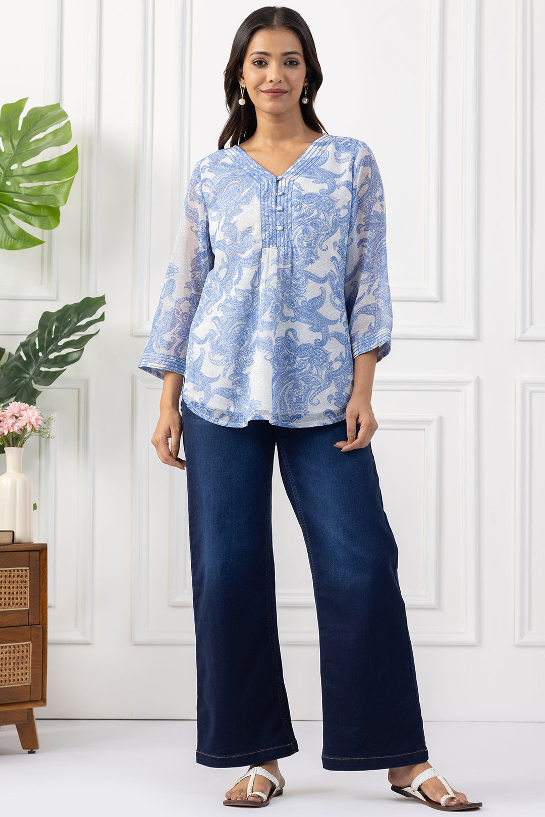 Blue Chiffon Printed Top with V Neck