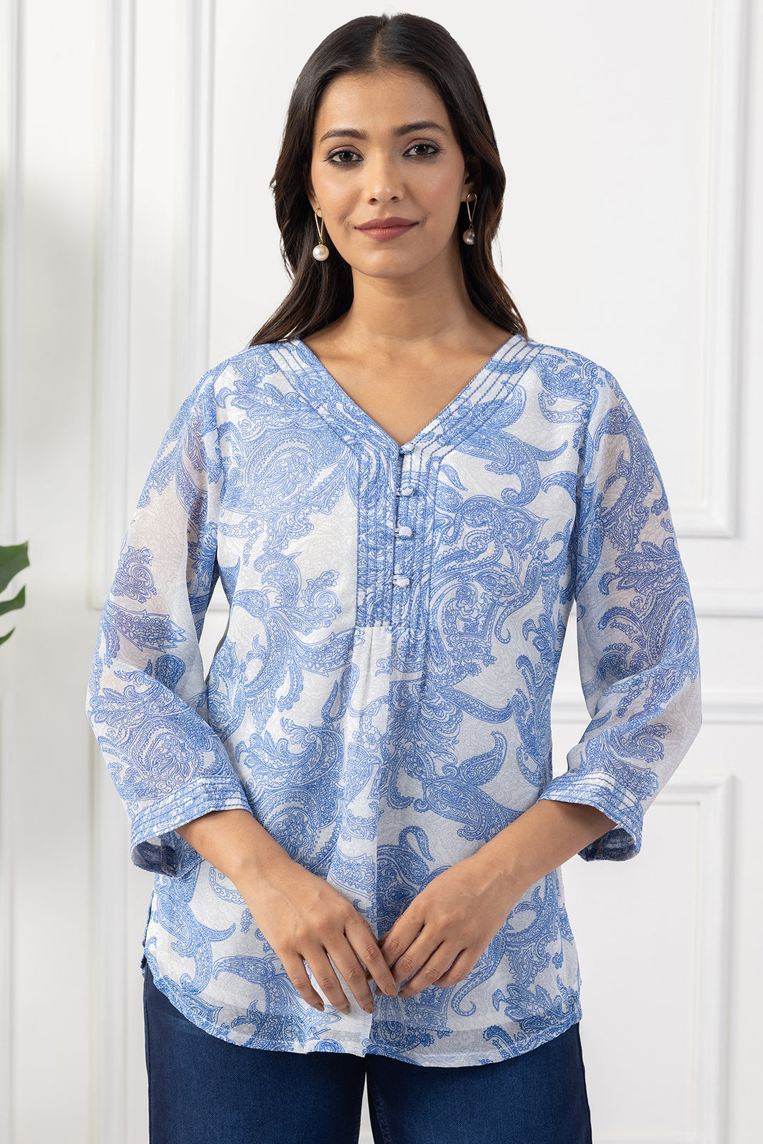 Blue Chiffon Printed Top with V Neck