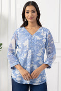 Blue Chiffon Printed Top with V Neck