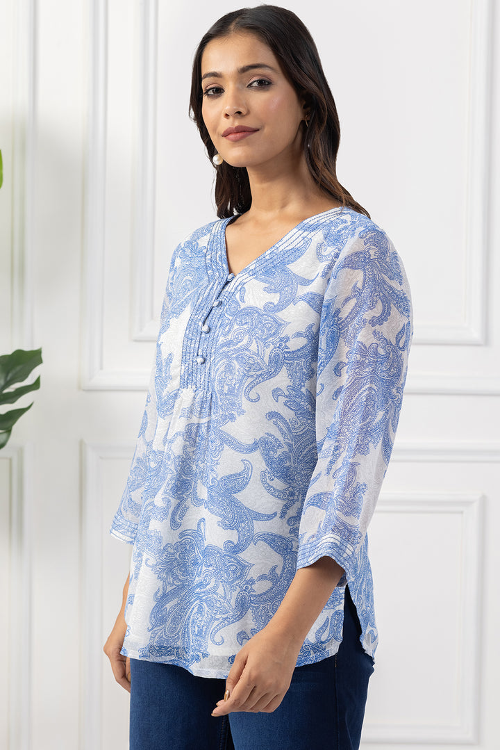 Blue Chiffon Printed Top with V Neck