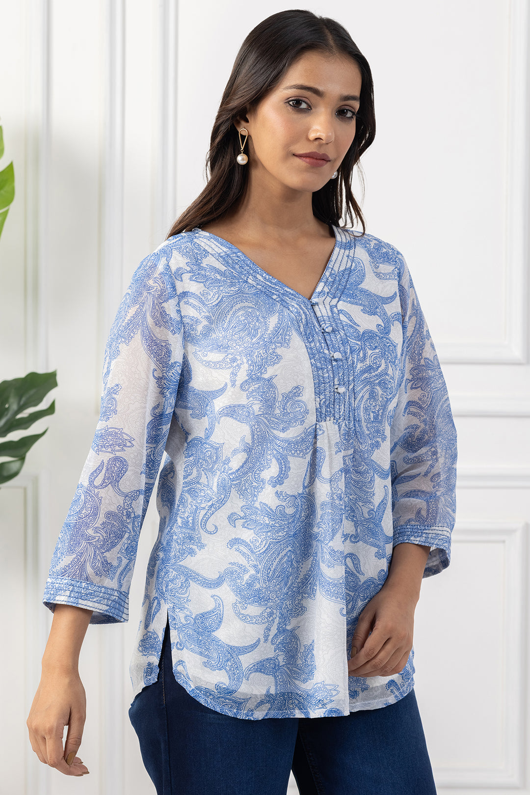 Blue Chiffon Printed Top with V Neck