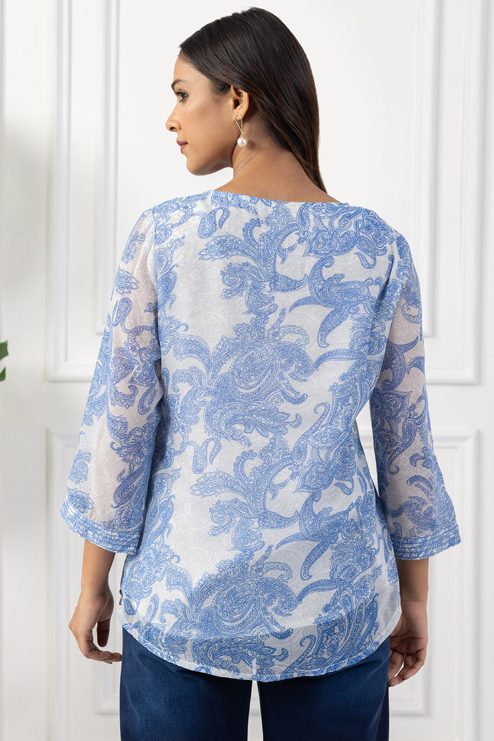 Blue Chiffon Printed Top with V Neck