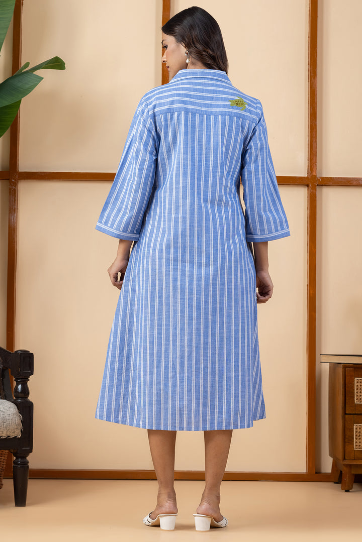 Blue &amp; White Stripes Chambray Cotton Slub Dress