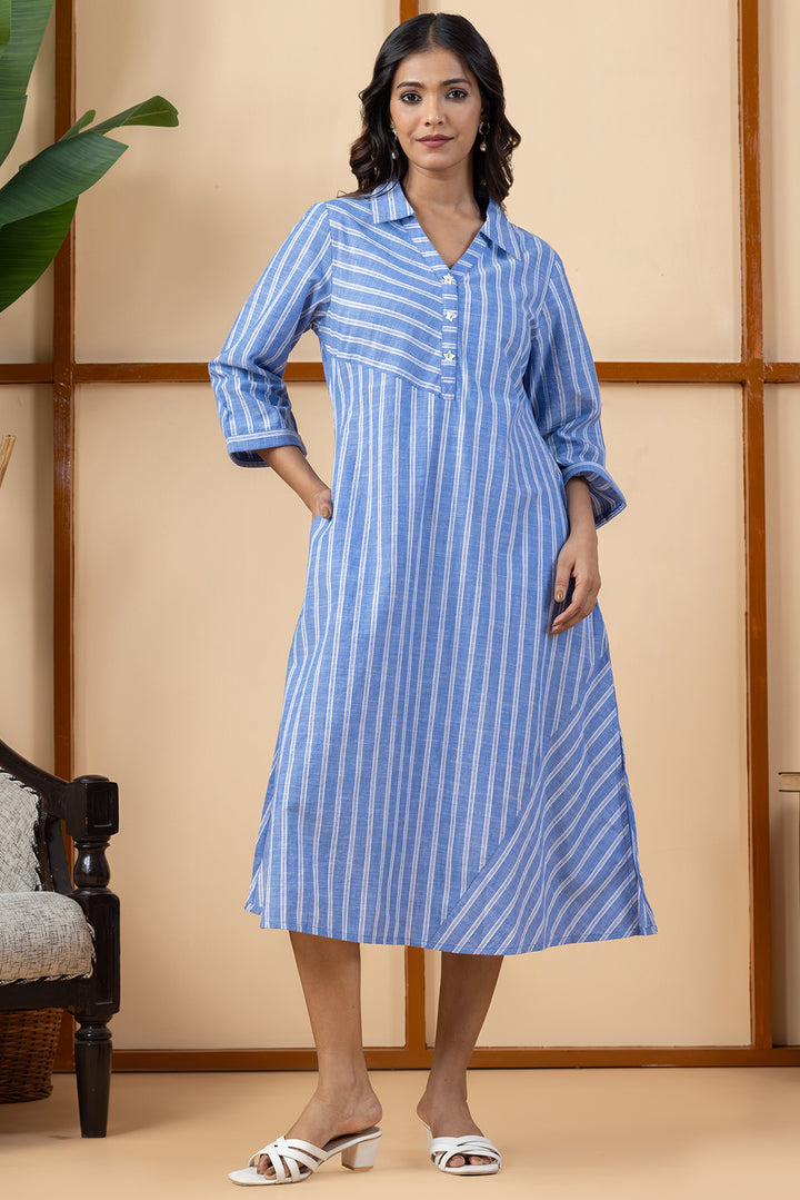 Blue &amp; White Stripes Chambray Cotton Slub Dress