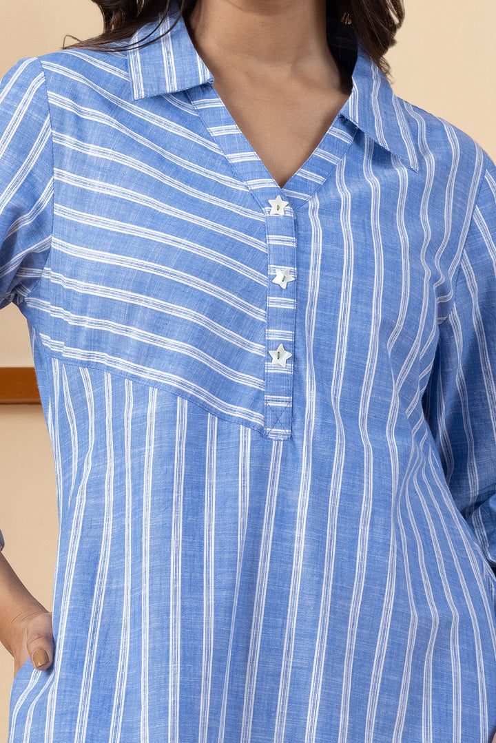 Blue &amp; White Stripes Chambray Cotton Slub Dress