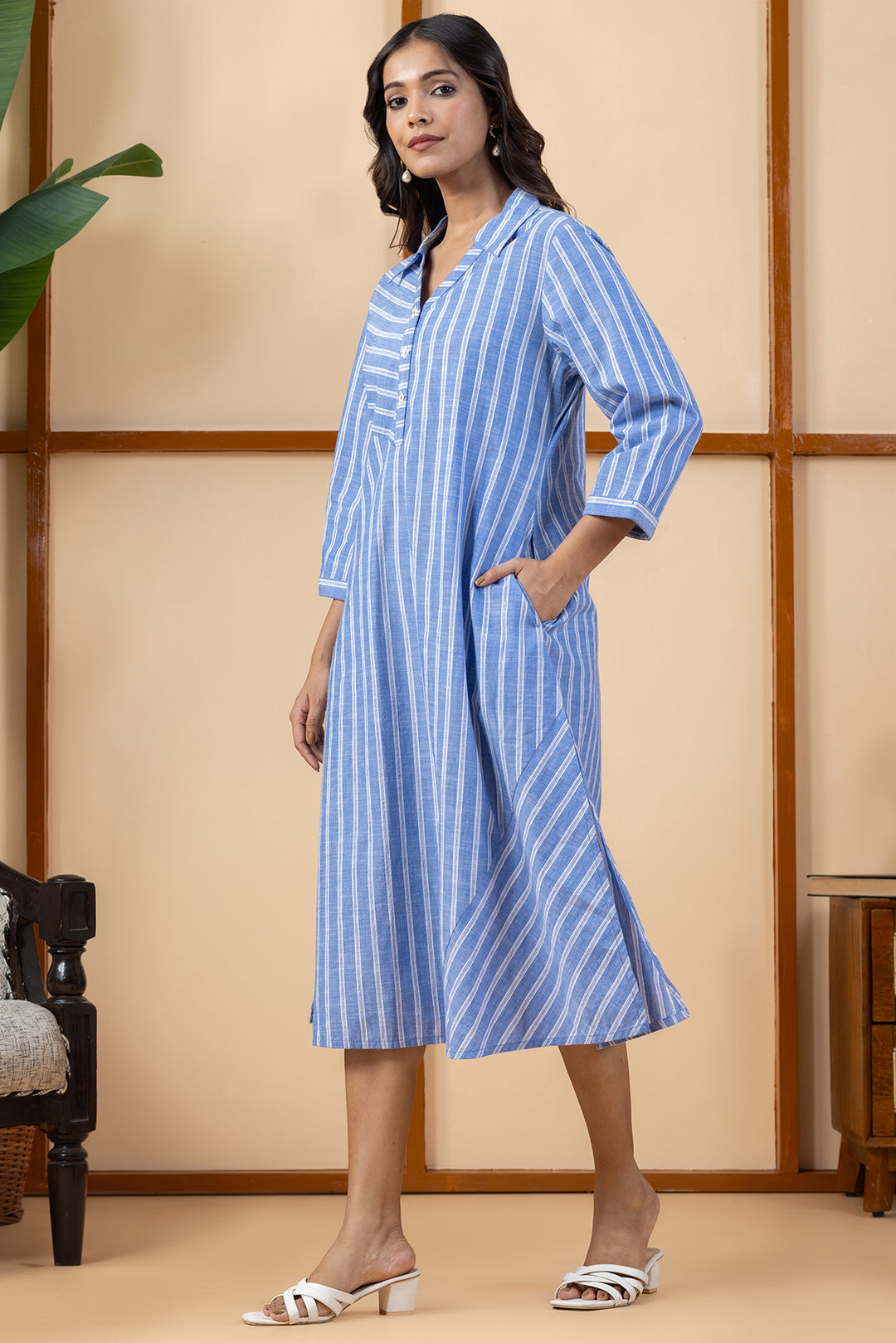 Blue &amp; White Stripes Chambray Cotton Slub Dress