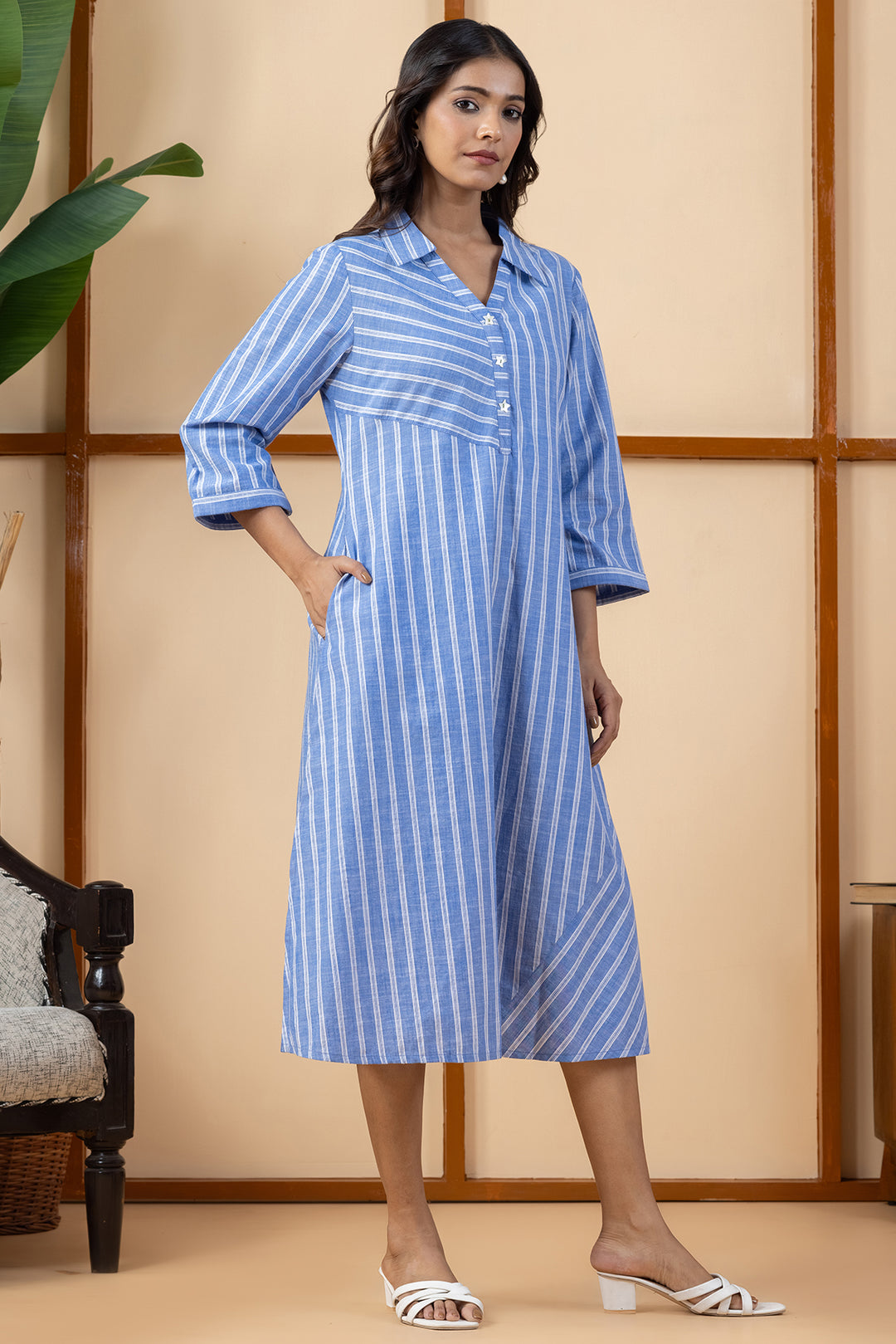 Blue &amp; White Stripes Chambray Cotton Slub Dress