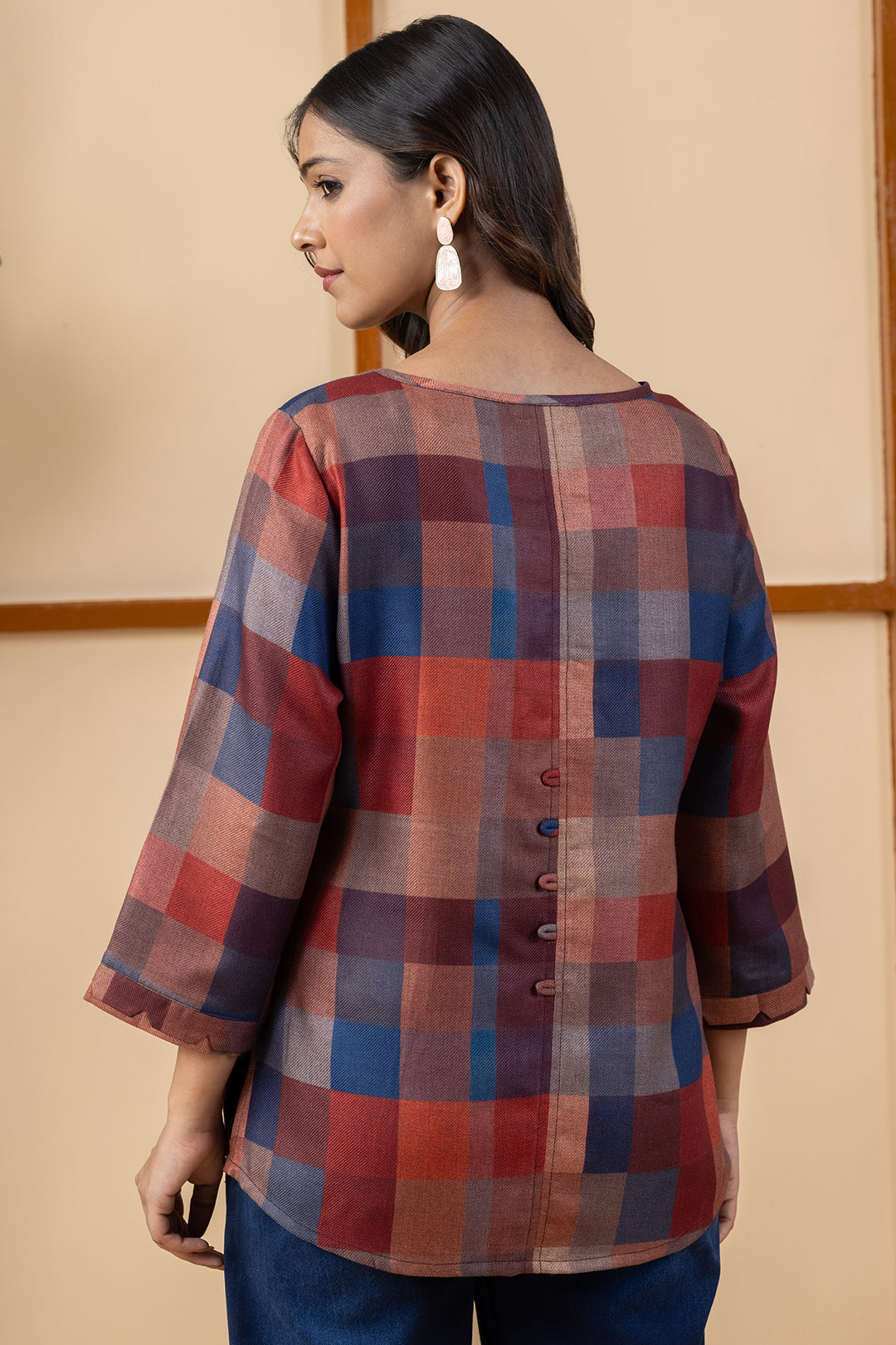 Maroon checked pashmina winter top for women with a classic check pattern