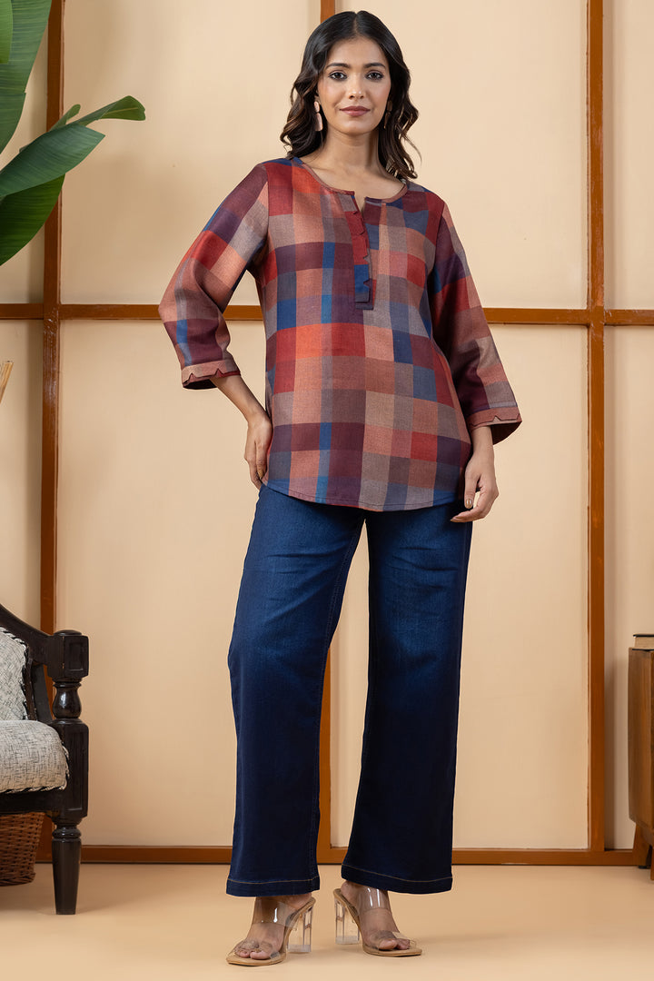 Maroon checked pashmina winter top for women with a classic check pattern
