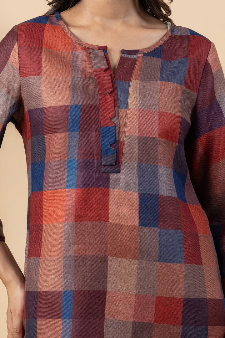 Maroon checked pashmina winter top for women with a classic check pattern