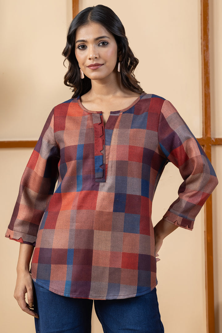 Maroon checked pashmina winter top for women with a classic check pattern
