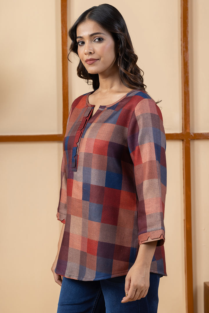 Maroon checked pashmina winter top for women with a classic check pattern