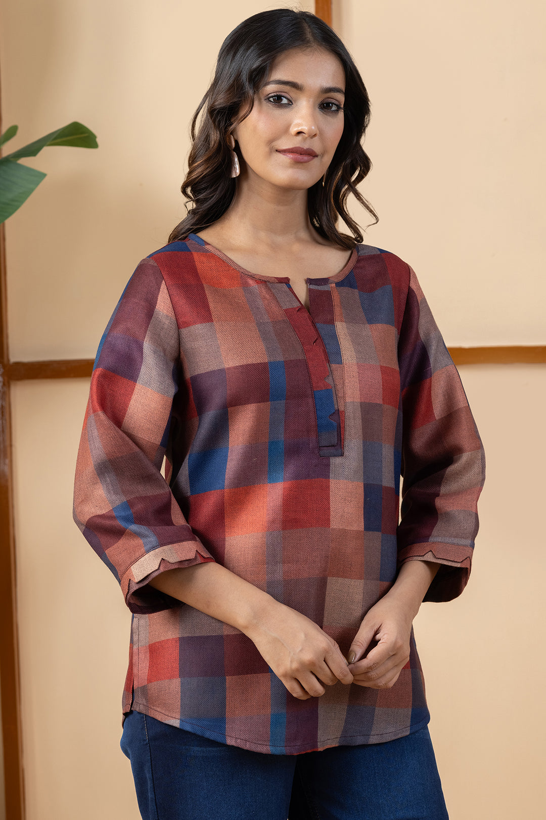 Maroon checked pashmina winter top for women with a classic check pattern