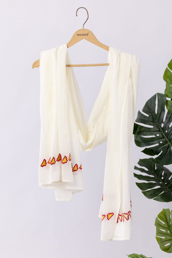 Embroidered White Muslin Dobby Dupatta