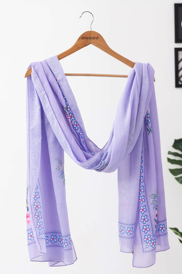 Lavender Printed Mulmul Cotton Dupatta