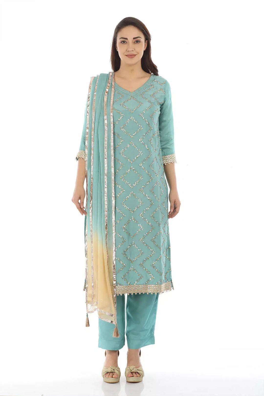 Teal and Gold Chiffon Dupatta