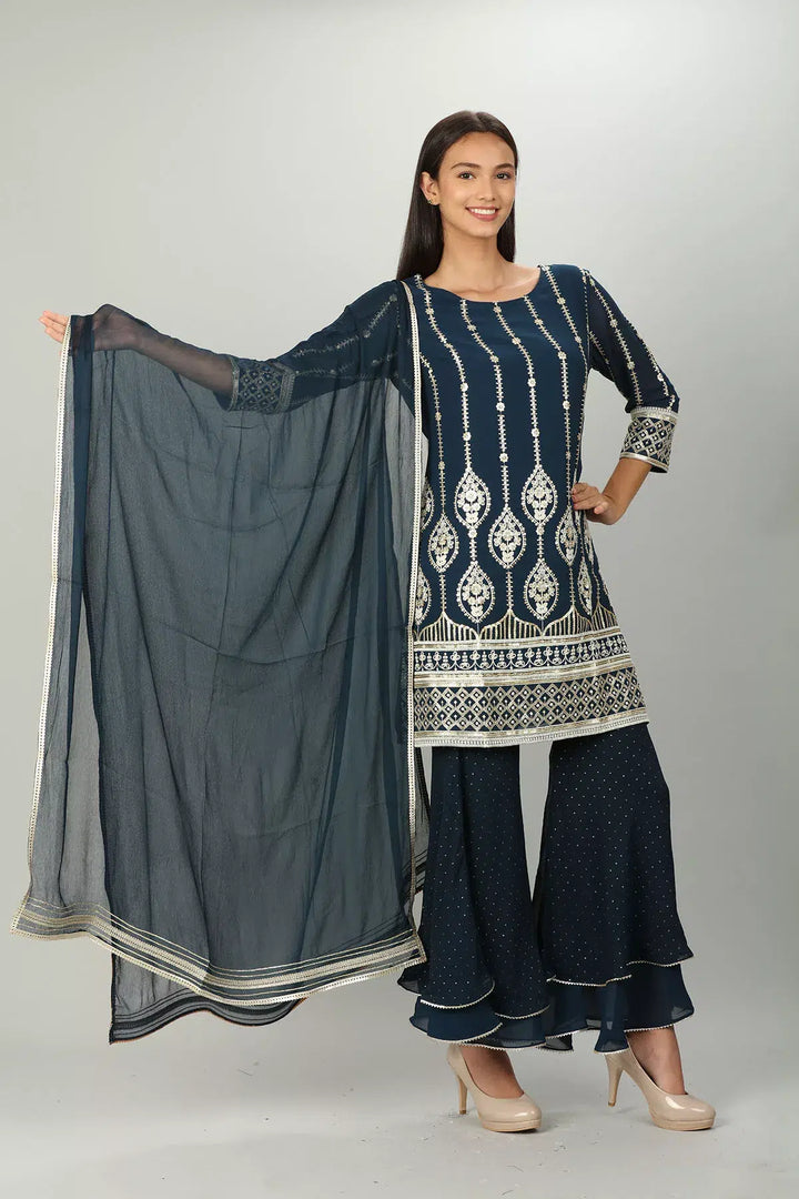 Dark Teal Chiffon Ensemble Dupatta