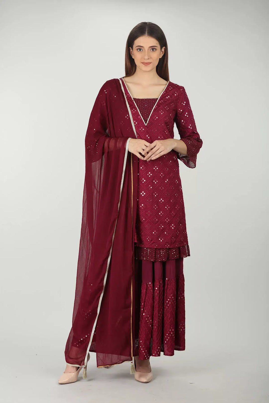 WINE EMBELLISHED CHIFFON DUPATTA