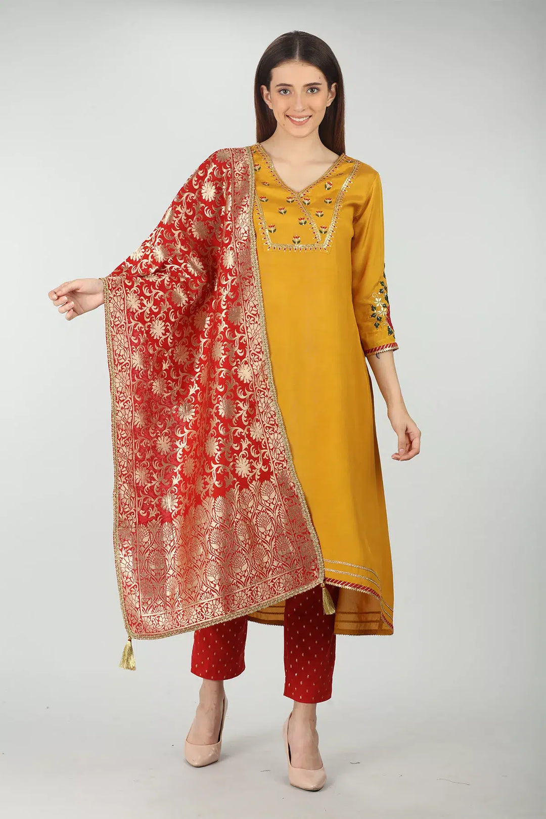Red embellished Silk dupatta