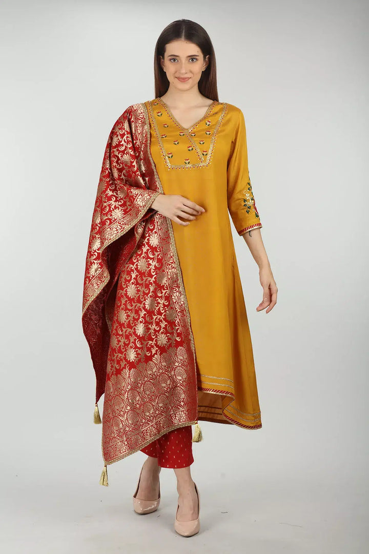 Red embellished Silk dupatta
